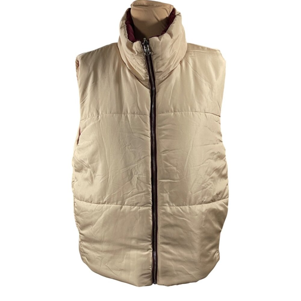 Staccato Reversible Puffer Vest Maroon Tan Women's Size L Large Mock Neck